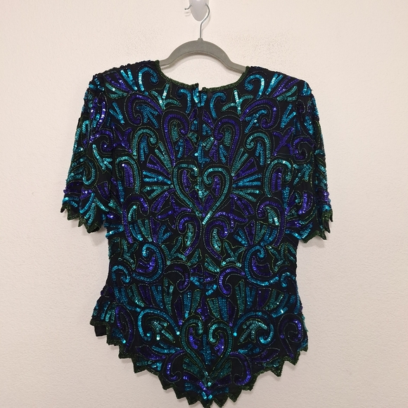 Sequin Indie Vintage Blue Purple Silk Unique Bling Retro Sequin Blouse Size M - Picture 6 of 14